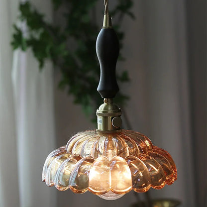 Artfan Amber Glass Walnut Wood LED Pendant Lamp with Copper Knob Switch