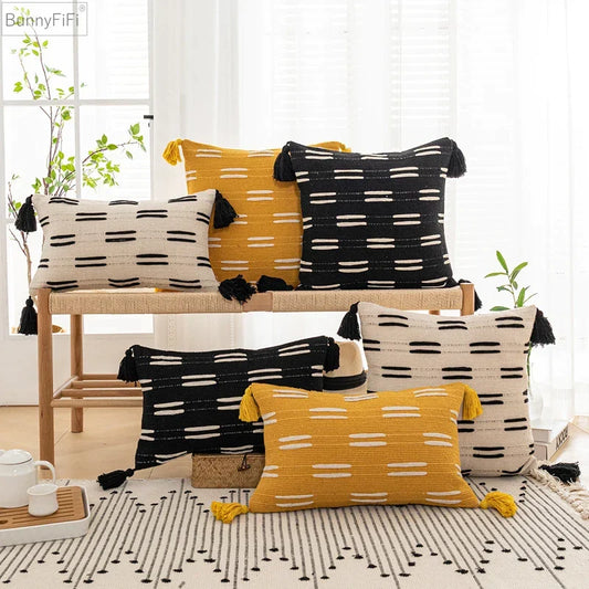 Artfan lighting Black Ivory Mustard Tassel Woven Cushion Cover for Home Decoration