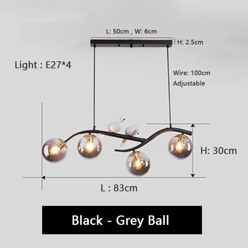 Artfan lighting Birds Hanging Glass LED Chandelier in Black & Gold Iron - Modern Kitchen Island Light