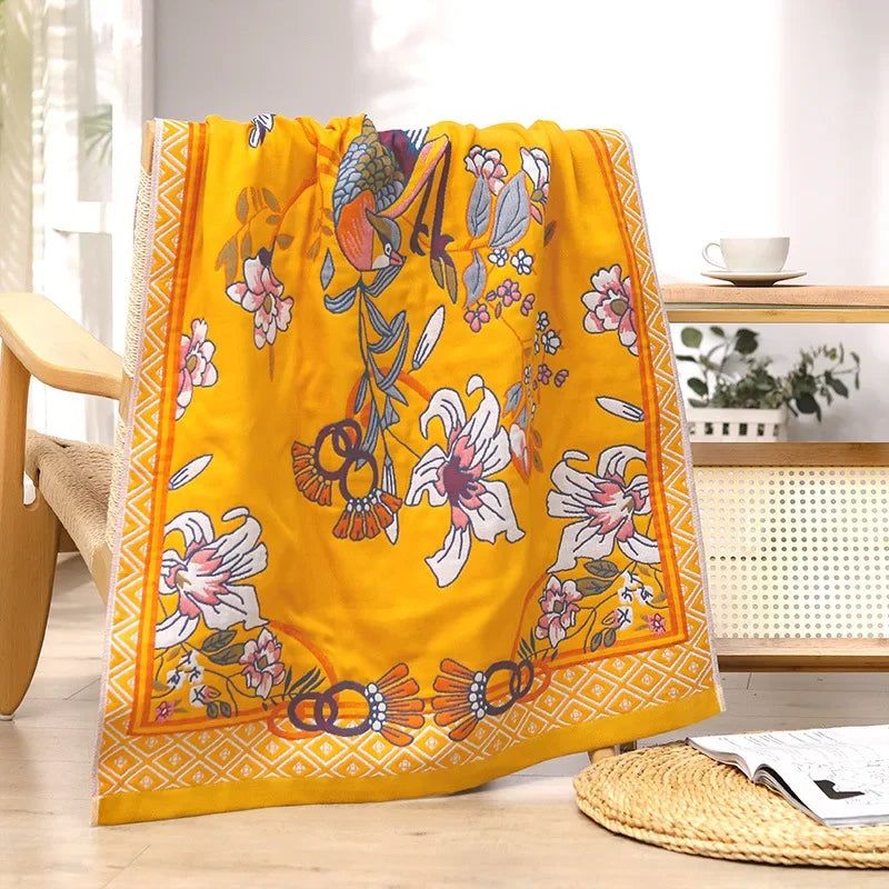 Artfan 100% Cotton Large Bath Towel 80x160cm - Absorbent, Quick-Drying, Four Seasons, Flowers and Bird Design