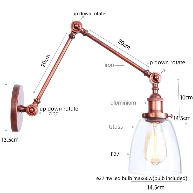 Artfan Adjustable Glass Swing Arm LED Wall Sconce with Pull Chain Switch