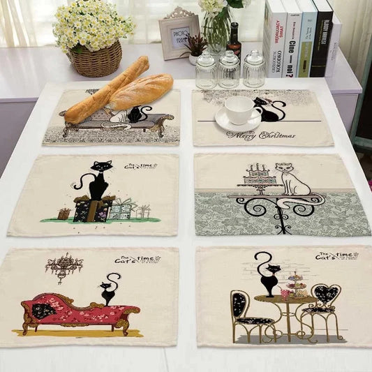 Artfan lighting Black Cat Linen Placemat Set for Dining Table & Kitchen Decor