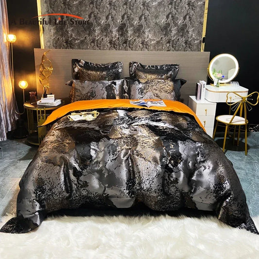 Artfan lighting Black Gold Jacquard Egyptian Cotton Bedding Set, Satin Duvet Cover, Fitted Sheet Pillowcases