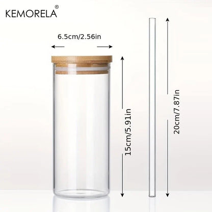 Artfan 4-Piece Set Clear Glass Tumbler Cups with Bamboo Lids and Straws - 600ML