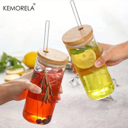 Artfan 4-Piece Set Clear Glass Tumbler Cups with Bamboo Lids and Straws - 600ML