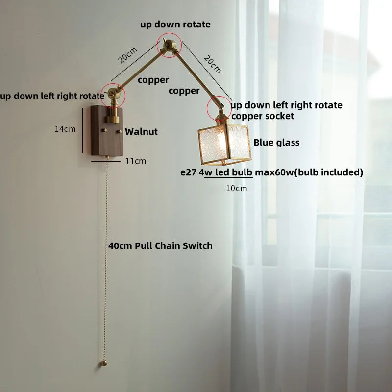 Artfan Ash Wood LED Wall Lights Swing Arms Blue Glass Bedside Lamp