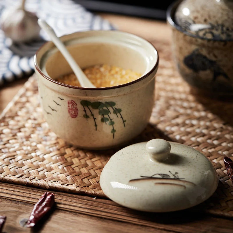 Artfan 6.5inch Retro Ceramic Ramen Bowl Set with Lid, Chopsticks, and Spoons