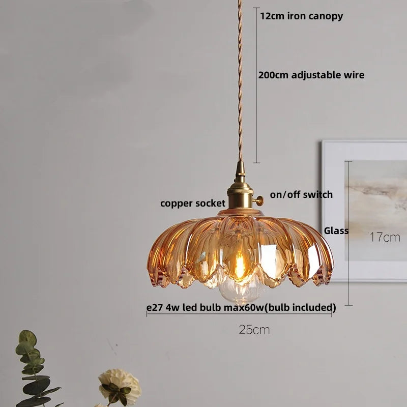 Artfan Amber Glass Walnut Wood LED Pendant Lamp with Copper Knob Switch