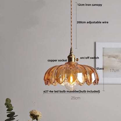 Artfan Amber Glass Walnut Wood LED Pendant Lamp with Copper Knob Switch