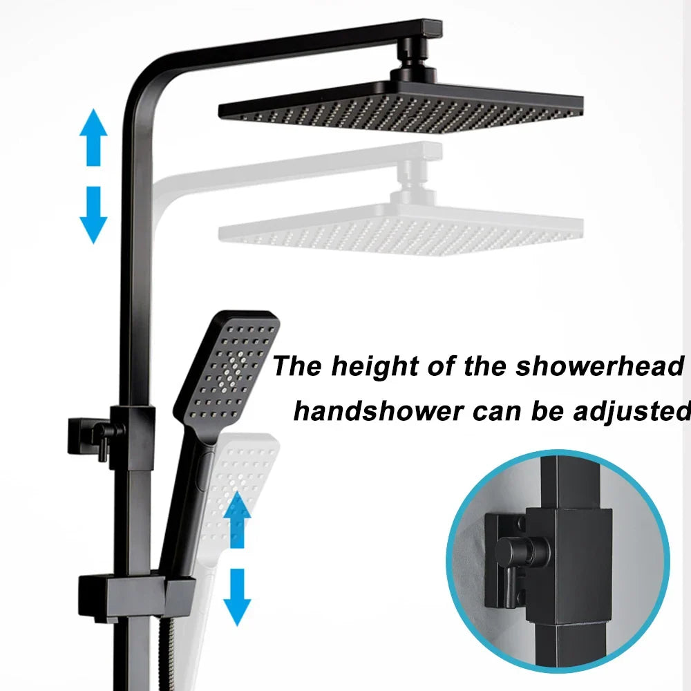 Artfan lighting Black Brass Shower Faucet Set Rainfall Bathtub Tap With Bathroom Shelf