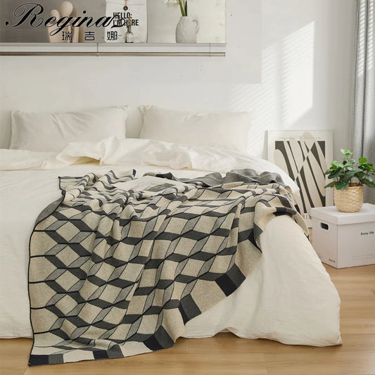 Artfan 3D Cube Cotton Knitted Plaid Blanket - Soft and Cozy Nordic Bedspread