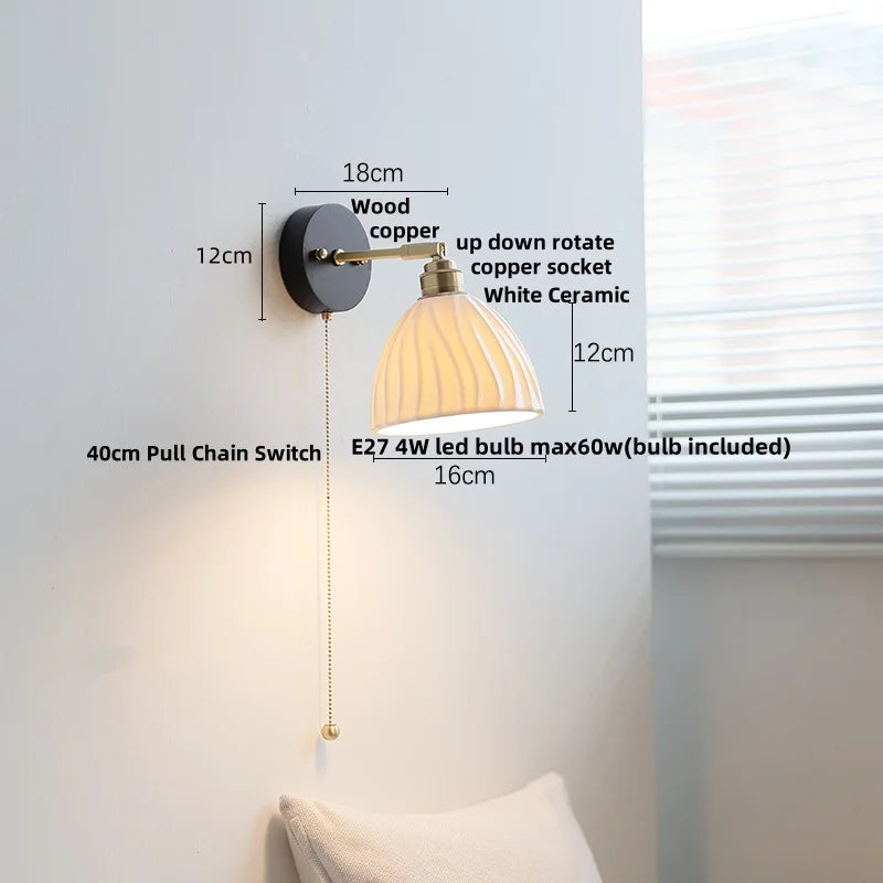 Artfan lighting Black Wood LED Wall Light with Pull Chain Switch, Rotating Japanese Style Bedside Lamp