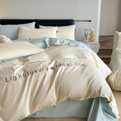 Artfan 120S Long Staple Cotton Satin Embroidery Bedding Set - Solid Color Twin Full Double Comforter