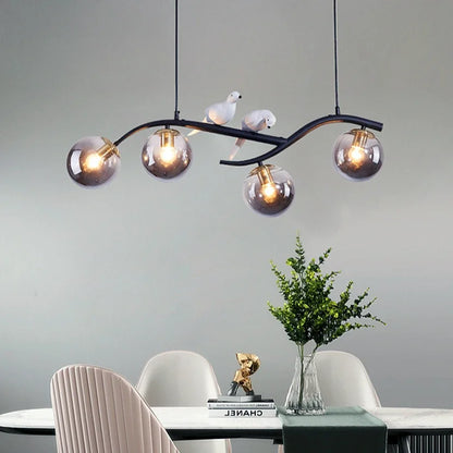 Artfan lighting Birds Hanging Glass LED Chandelier in Black & Gold Iron - Modern Kitchen Island Light
