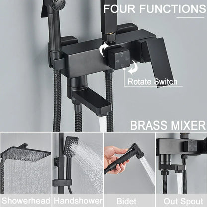 Artfan lighting Black Brass Shower Faucet Set Rainfall Bathtub Tap With Bathroom Shelf