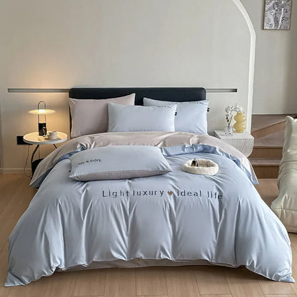 Artfan 120S Long Staple Cotton Satin Embroidery Bedding Set - Solid Color Twin Full Double Comforter