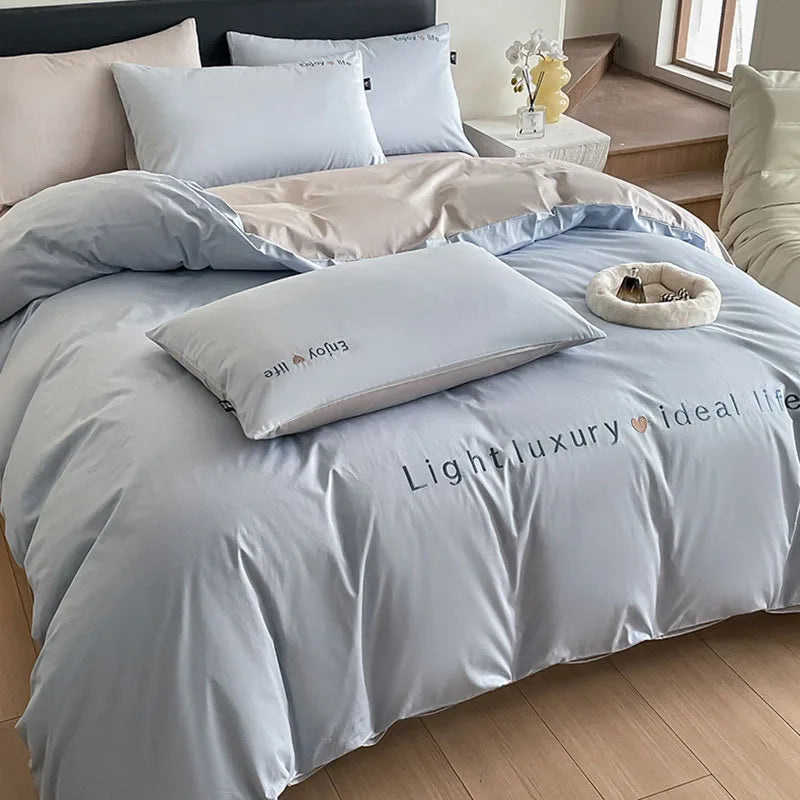 Artfan 120S Long Staple Cotton Satin Embroidery Bedding Set - Solid Color Twin Full Double Comforter
