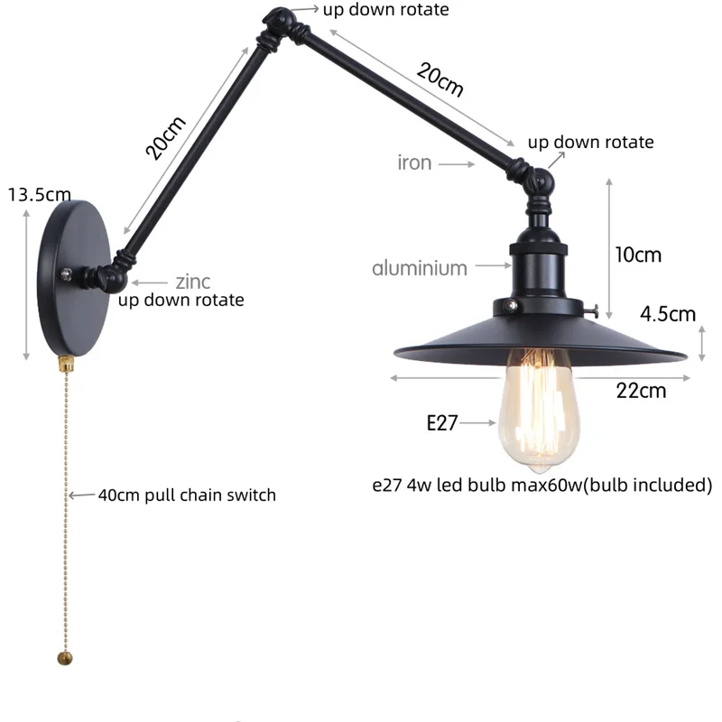 Artfan lighting Black Iron LED Wall Light Fixture Industrial Vintage Adjustable Long Arm
