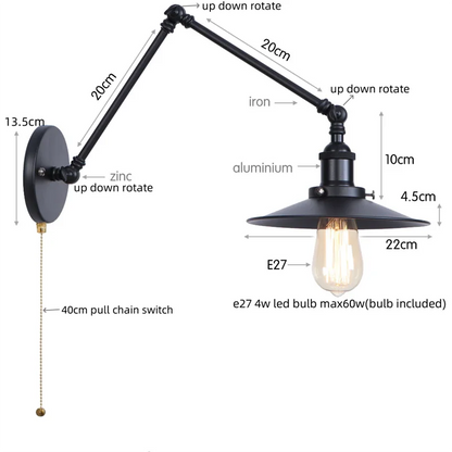 Artfan lighting Black Iron LED Wall Light Fixture Industrial Vintage Adjustable Long Arm