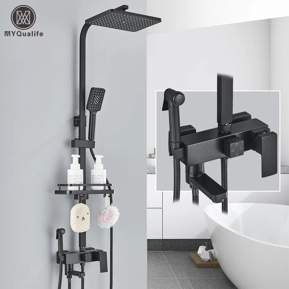 Artfan lighting Black Brass Shower Faucet Set Rainfall Bathtub Tap With Bathroom Shelf