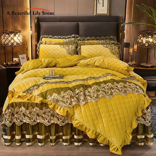 Artfan lighting Black Gold Luxury Crystal Velvet Bedding Set with Quilted Embroidery & Ruffles