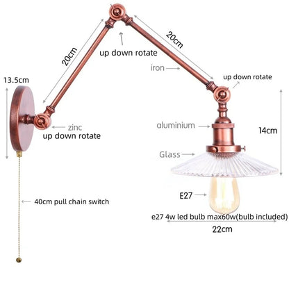 Artfan Adjustable Glass Swing Arm LED Wall Sconce with Pull Chain Switch