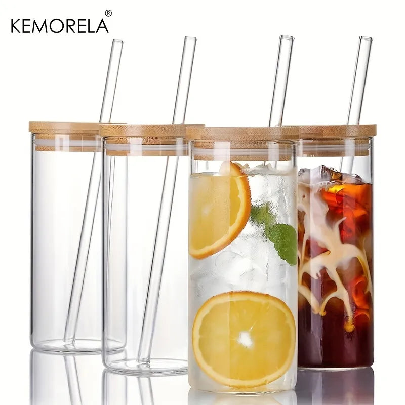 Artfan 4-Piece Set Clear Glass Tumbler Cups with Bamboo Lids and Straws - 600ML