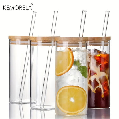 Artfan 4-Piece Set Clear Glass Tumbler Cups with Bamboo Lids and Straws - 600ML