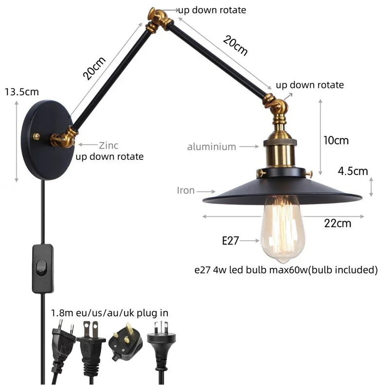 Artfan lighting Black Iron LED Wall Light Fixture Industrial Vintage Adjustable Long Arm