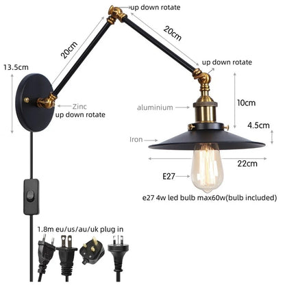 Artfan lighting Black Iron LED Wall Light Fixture Industrial Vintage Adjustable Long Arm