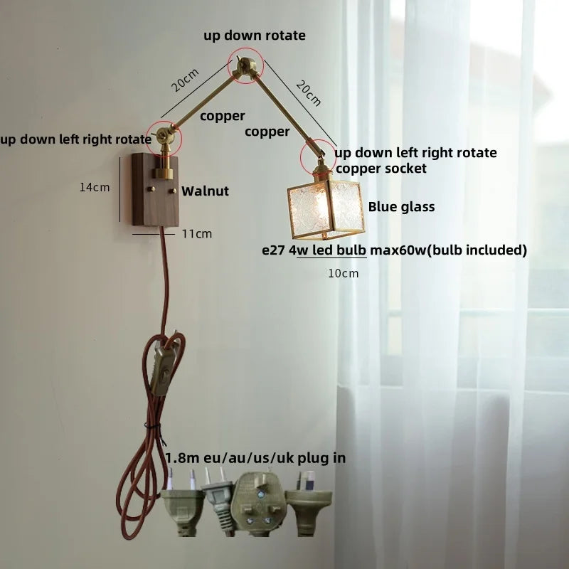 Artfan Ash Wood LED Wall Lights Swing Arms Blue Glass Bedside Lamp