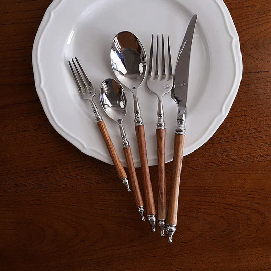 Artfan 5-Piece Stainless Steel Western Tableware Set, Solid Wood Handle, Natural Yellow