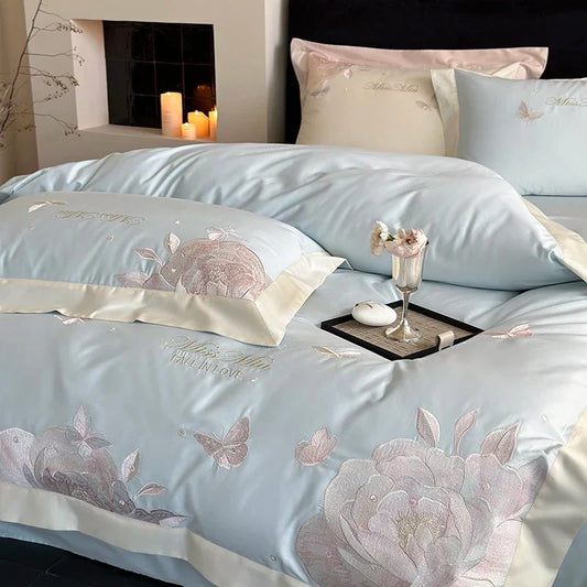 Artfan 1000TC Egyptian Cotton Butterfly Flowers Embroidery Bedding Set