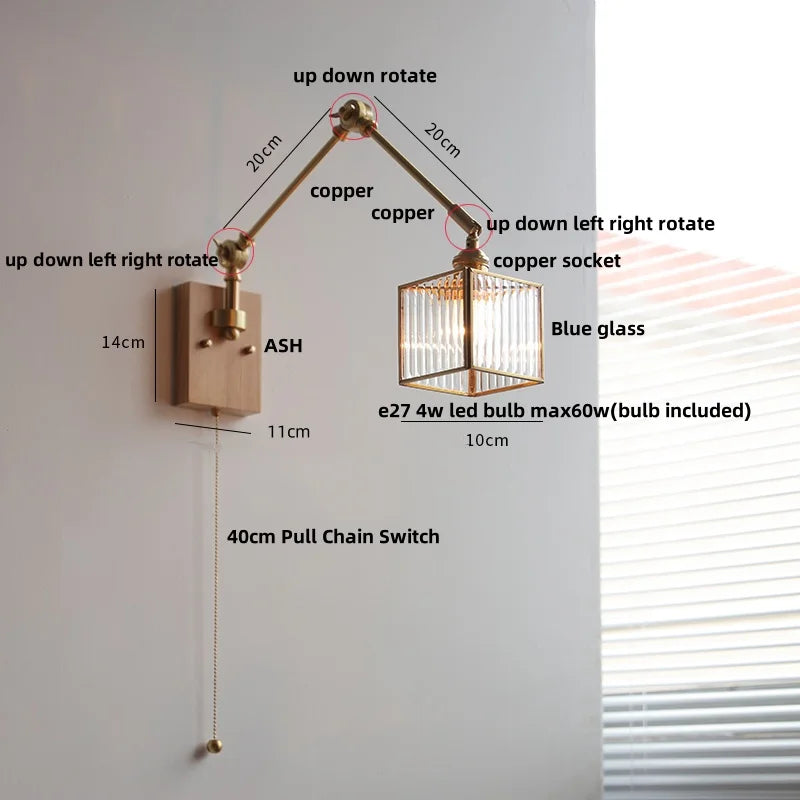 Artfan Ash Wood LED Wall Lights Swing Arms Blue Glass Bedside Lamp