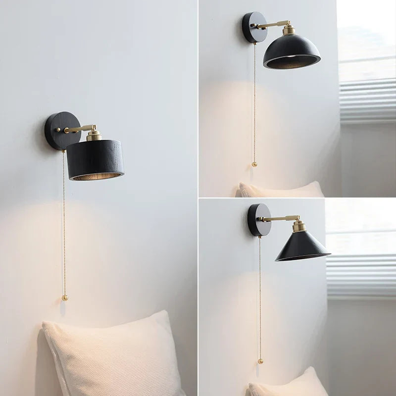 Artfan lighting Black Wood LED Wall Light with Pull Chain Switch, Rotating Japanese Style Bedside Lamp