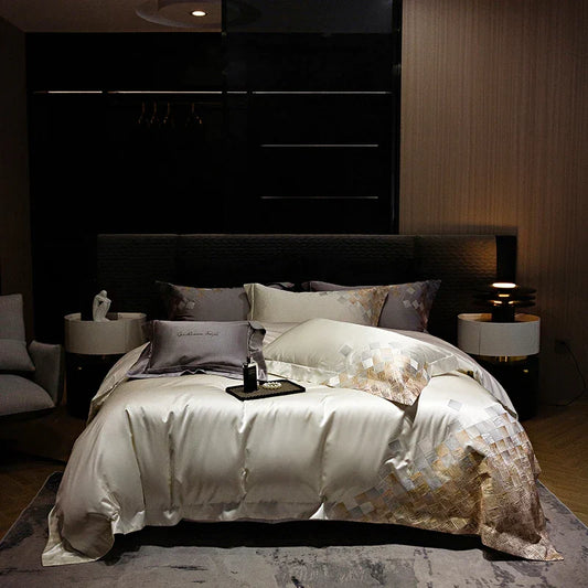 Artfan 4-Piece Luxury Embroidery Bedding Set in Pearl White/Grey Satin Brocade Cotton