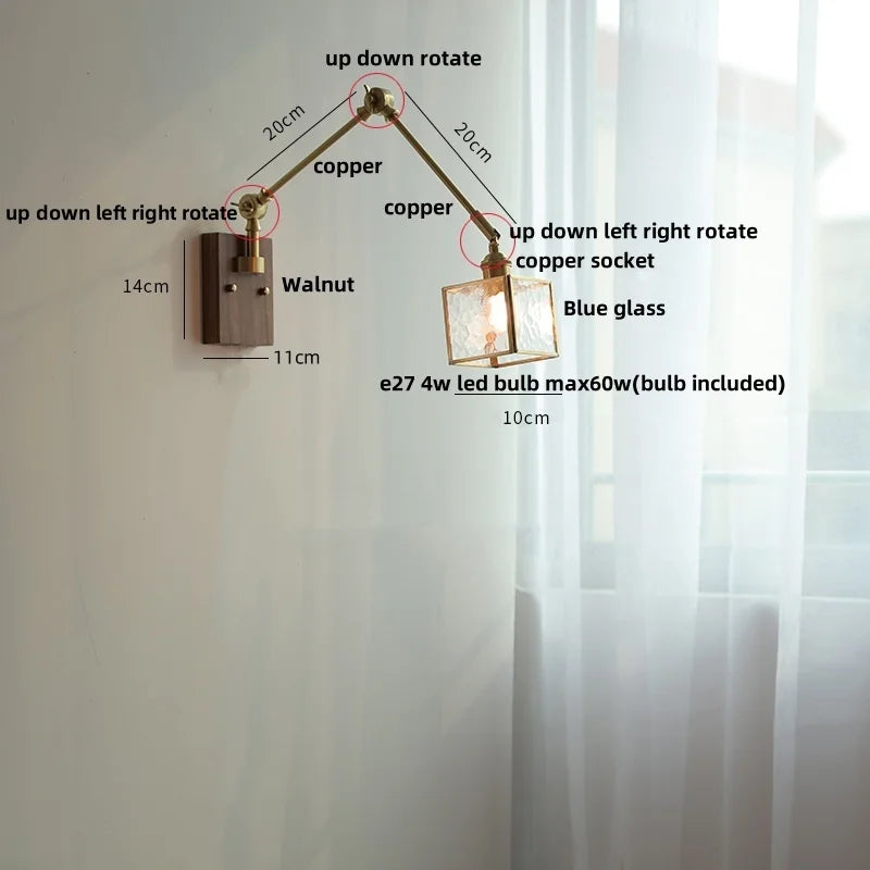 Artfan Ash Wood LED Wall Lights Swing Arms Blue Glass Bedside Lamp