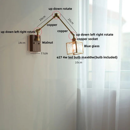 Artfan Ash Wood LED Wall Lights Swing Arms Blue Glass Bedside Lamp