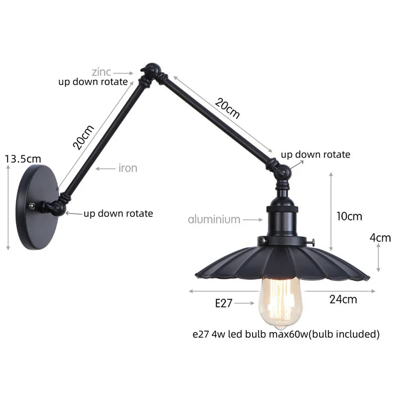 Artfan lighting Black Iron LED Wall Light Fixture Industrial Vintage Adjustable Long Arm