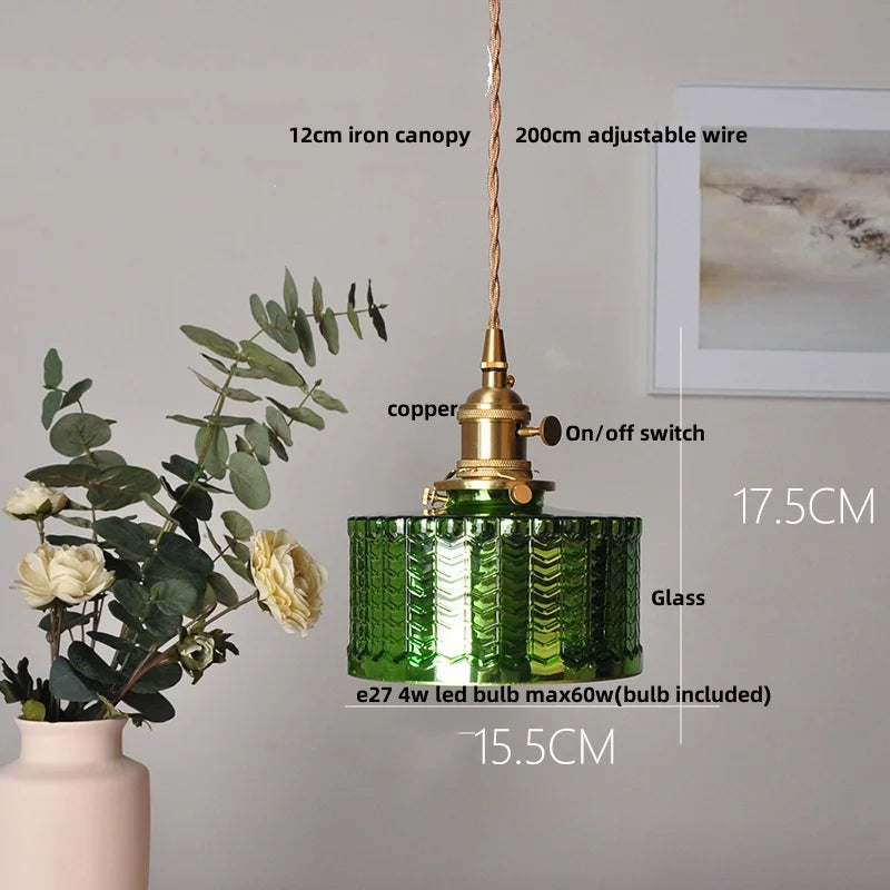 Artfan Green Glass LED Pendant Light | Nordic Modern Copper Knob Switch Hanging Fixture
