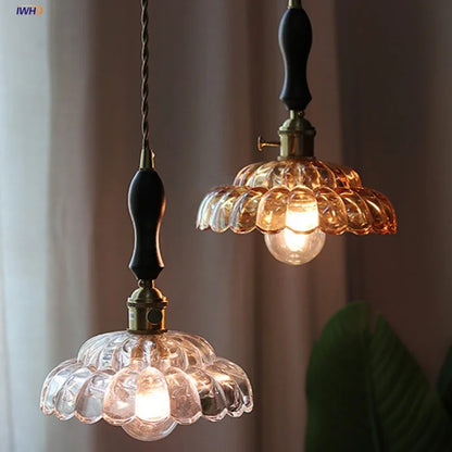 Artfan Amber Glass Walnut Wood LED Pendant Lamp with Copper Knob Switch