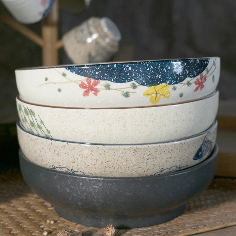 Artfan 9" Retro Ceramic Ramen Noodle Bowl - Japanese Style Soup Bowl for Pickled Cabbage Fish