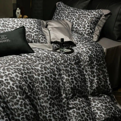 Artfan 1000TC Egyptian Cotton Grey Leopard Print Bedding Set with Duvet Cover, Sheet, Pillowcase