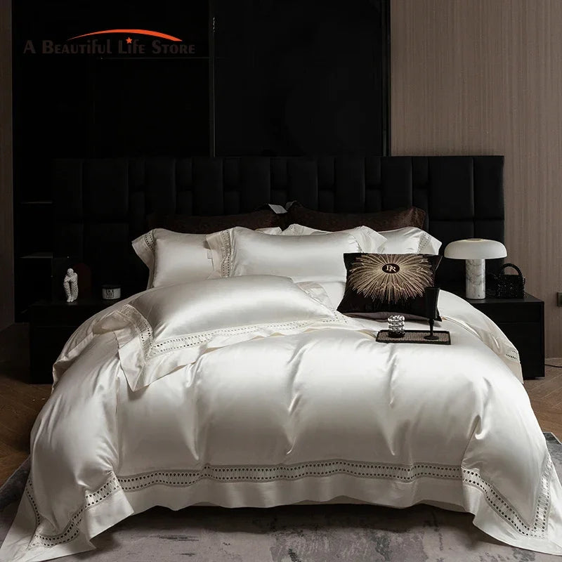 Artfan 1000TC Egyptian Cotton Luxury Satin Bedding Set with Wide Hollow Edge