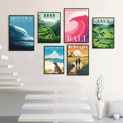 Artfan Bali Surfing Poster - Uluwatu, Canggu, Pererenan Estuary, Borobudur, Komodo, Rice Field Illustration