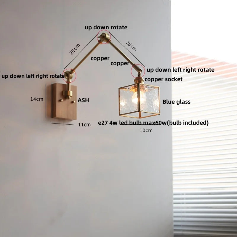 Artfan Ash Wood LED Wall Lights Swing Arms Blue Glass Bedside Lamp