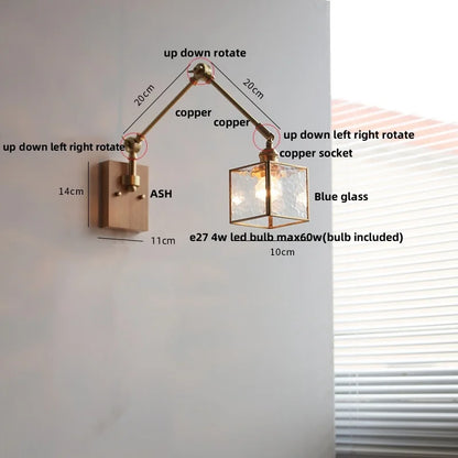 Artfan Ash Wood LED Wall Lights Swing Arms Blue Glass Bedside Lamp