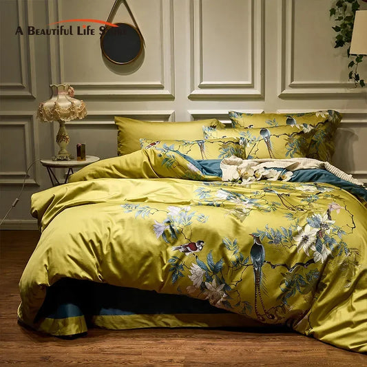 Artfan 600TC Egyptian Cotton Bird Plant Flowers Bedding Set with Digital Printing
