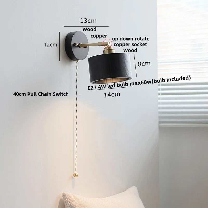 Artfan lighting Black Wood LED Wall Light with Pull Chain Switch, Rotating Japanese Style Bedside Lamp