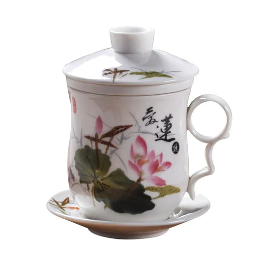 Artfan lighting Blue and White Porcelain Tea Cup with Lid and Filter
